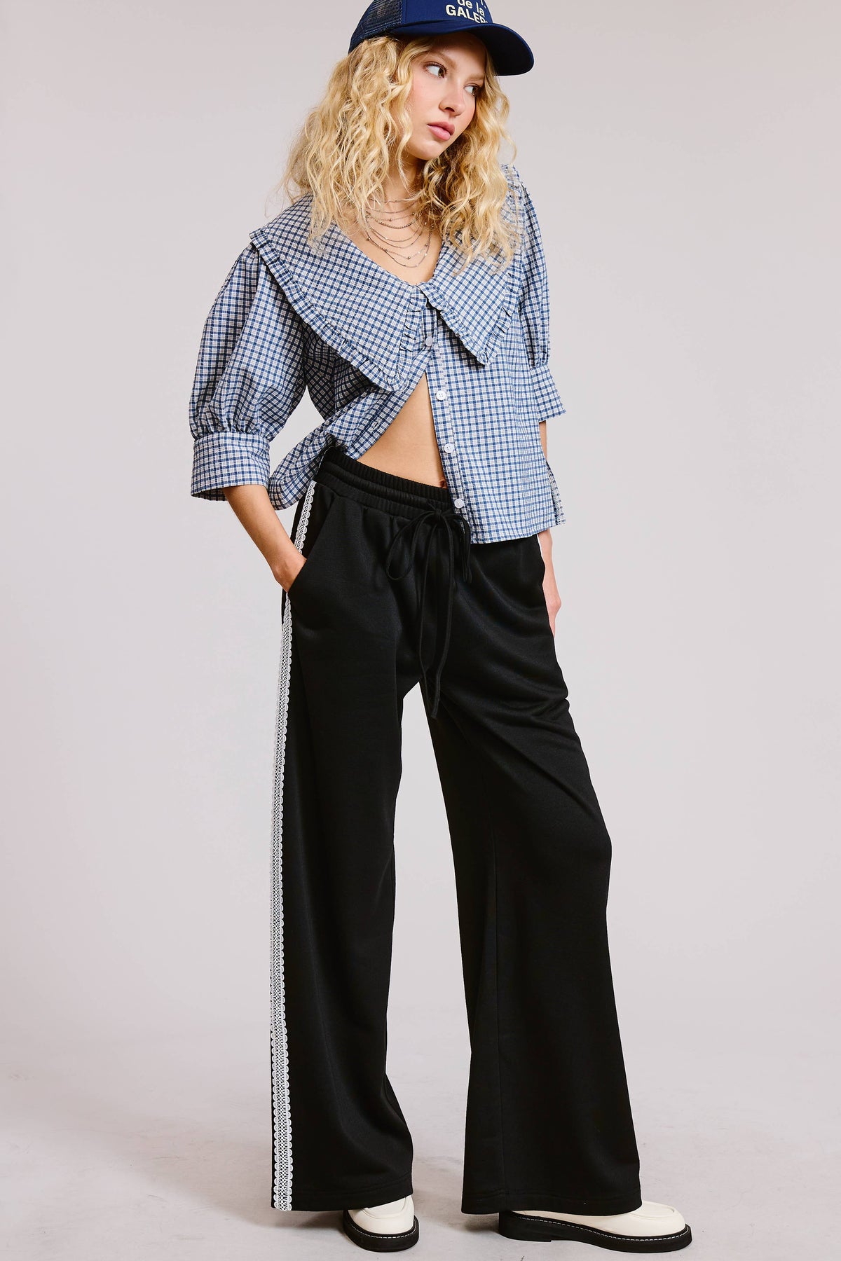 Lace Trim Wide Leg Track Pants with Drawstring Waist
