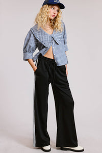 Lace Trim Wide Leg Track Pants with Drawstring Waist