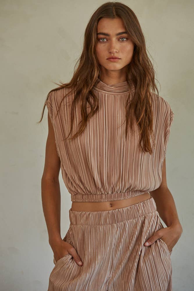 Woven Polyester Accordion Pleated Turtle Neck Top