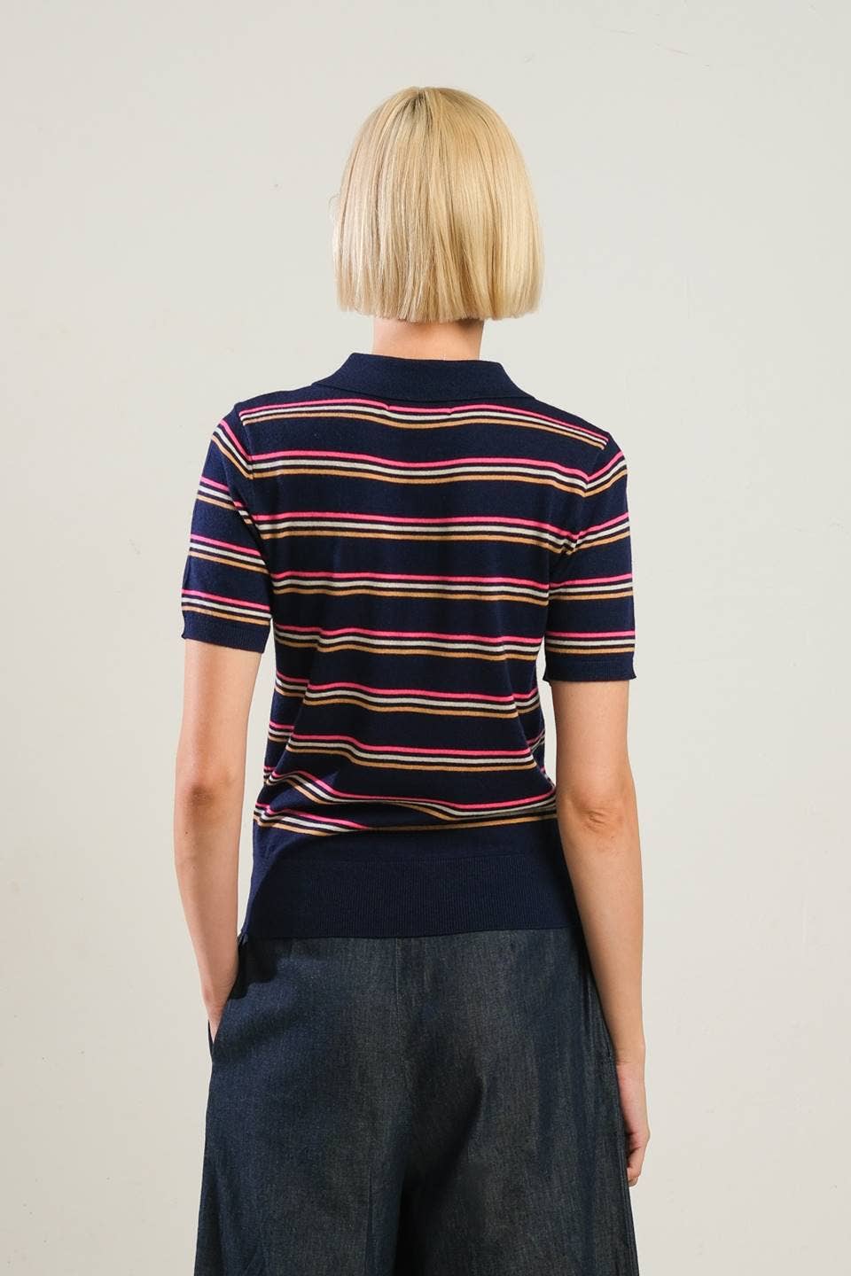 A Stripe Button Down Polo Sweater Top - NAVY