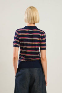 A Stripe Button Down Polo Sweater Top - NAVY