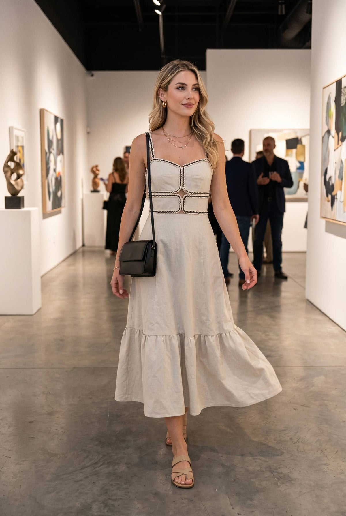 Cotton Linen Midi Dress With Trim Tape Detail