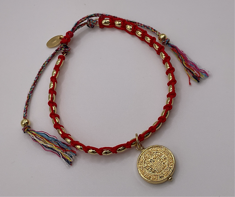 Red/Tan Knitted bracelets W/ San Benito Gold Metal  & Multicolored lace