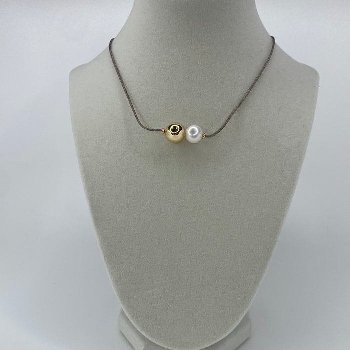 Gray Choker W/ Big Gold Bead & Pearl Necklace