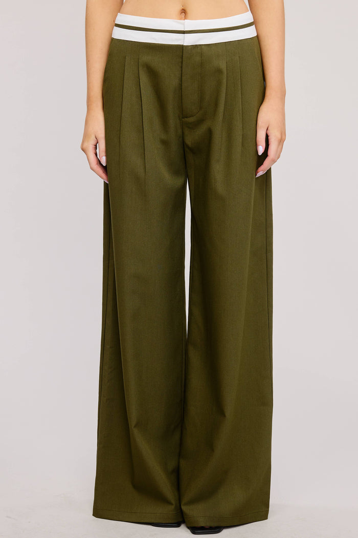 CONTRAST WAIST DETAIL WOVEN TROUSER PANTS: Olive / S