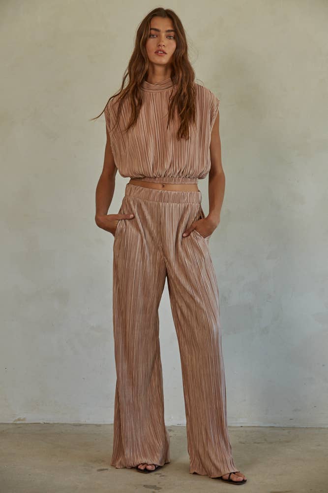 Woven Polyester Accordion Pleated Turtle Neck Top
