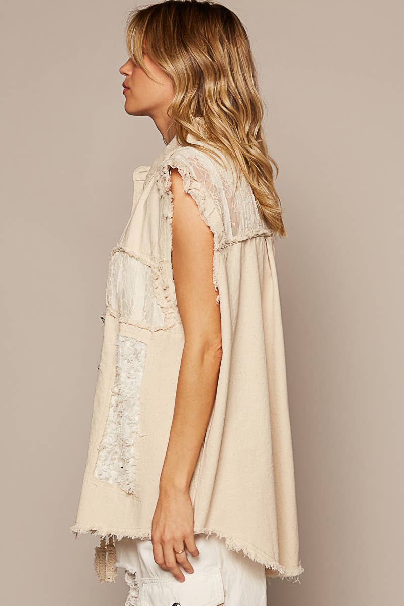 Oversized Sleeveless crochet lace floral patch Denim Vest