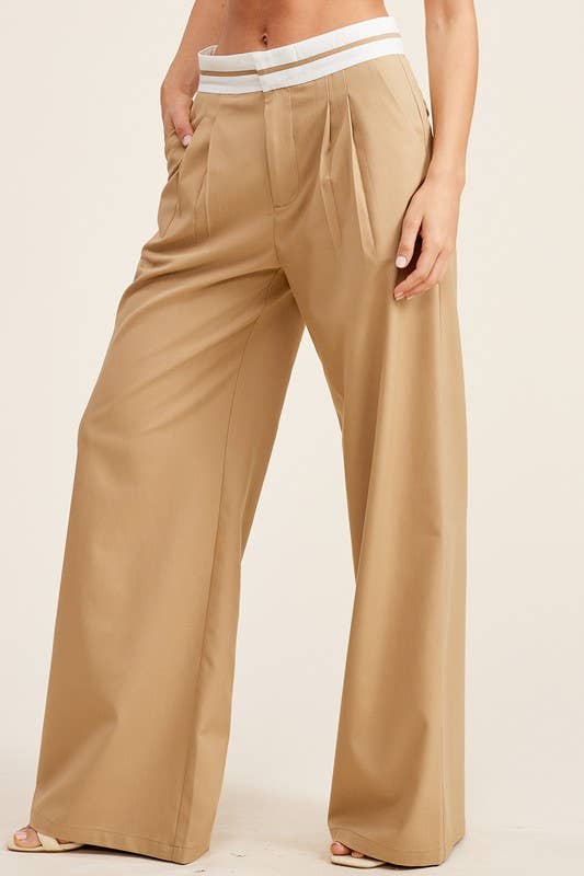 Minimalistic Contrast Waistband Pleated Trouser Pants