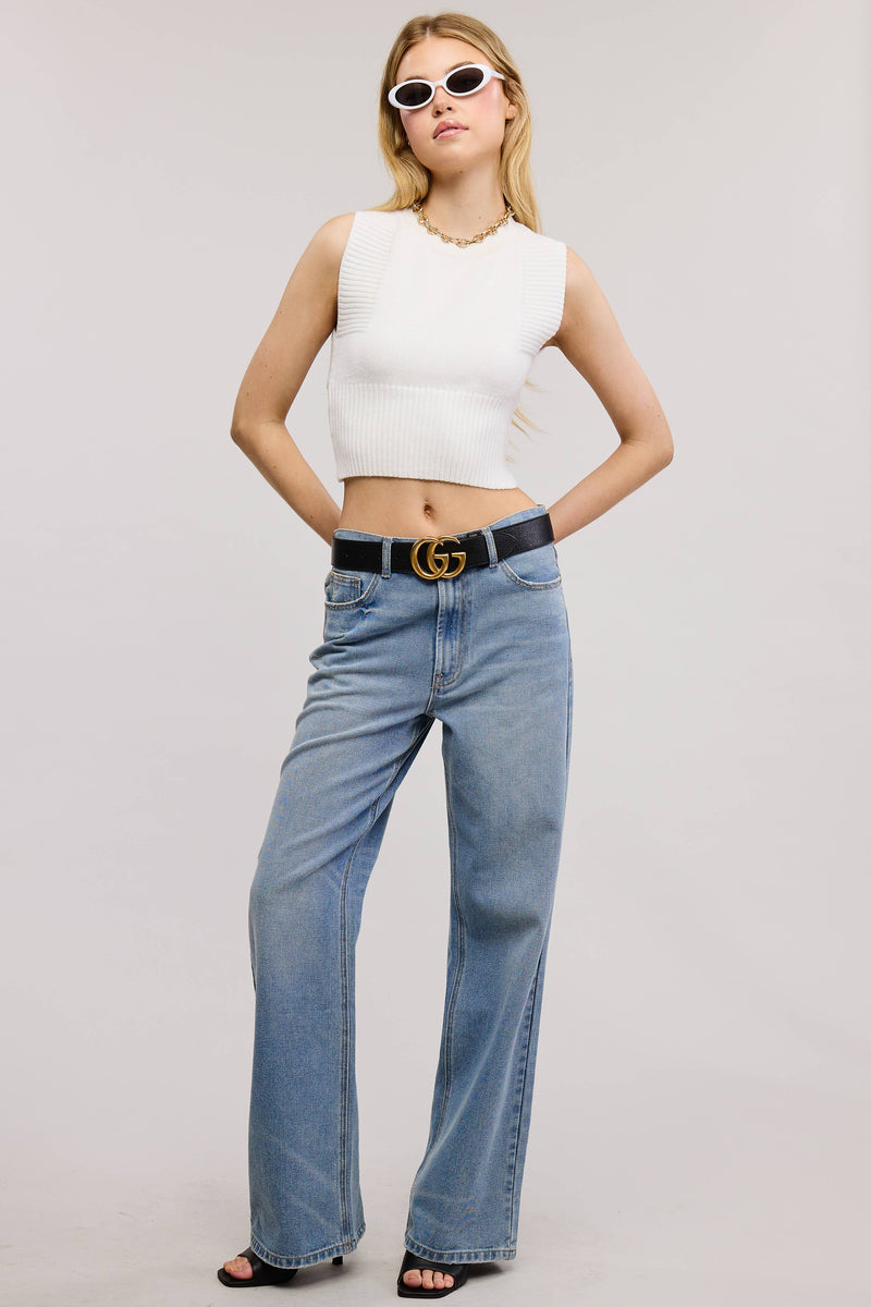 CREW NECK STRETCHY SOLID RIBBED KNIT CROPPED TANK TOP