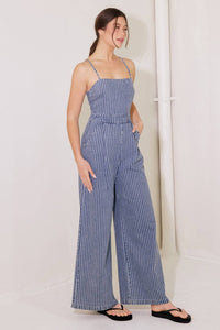 A washed striped denim jumpsuit