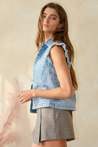 Ruffle-Adorned Denim Vest