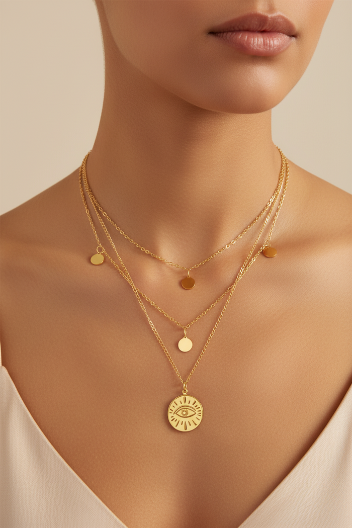 Evil Eye Necklace, 18K Gold Plated Steel