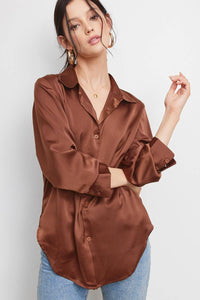 Collared Solid Satin Button-Down Long Sleeve Blouse