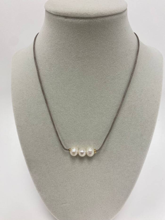 Tan string w 3 mini pearls and moon charm