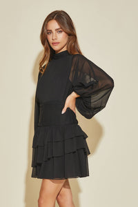 PLEATED TIERED DRESS- BLACK