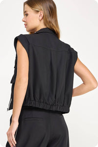 Mock Neck Rolled Up Sleeve Piping Detail Vest Top