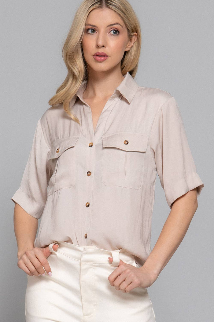Short Sleeve Button Down Washed Dull Satin Shirt
