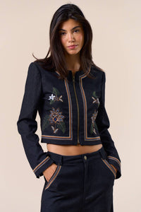 Threaded Edge Embroidered Denim Jacket