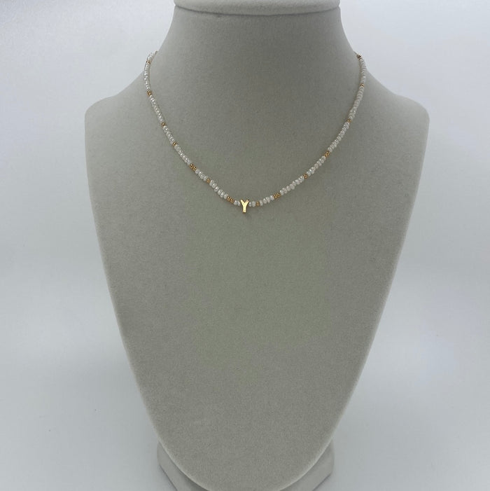 Pearl Necklace W/ Gold Letter "Y"