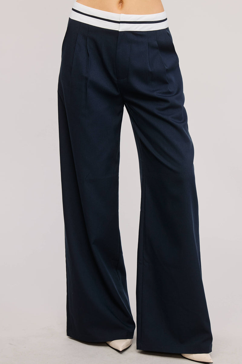 Navy Contras Waist Detail Woven Trouser Pant