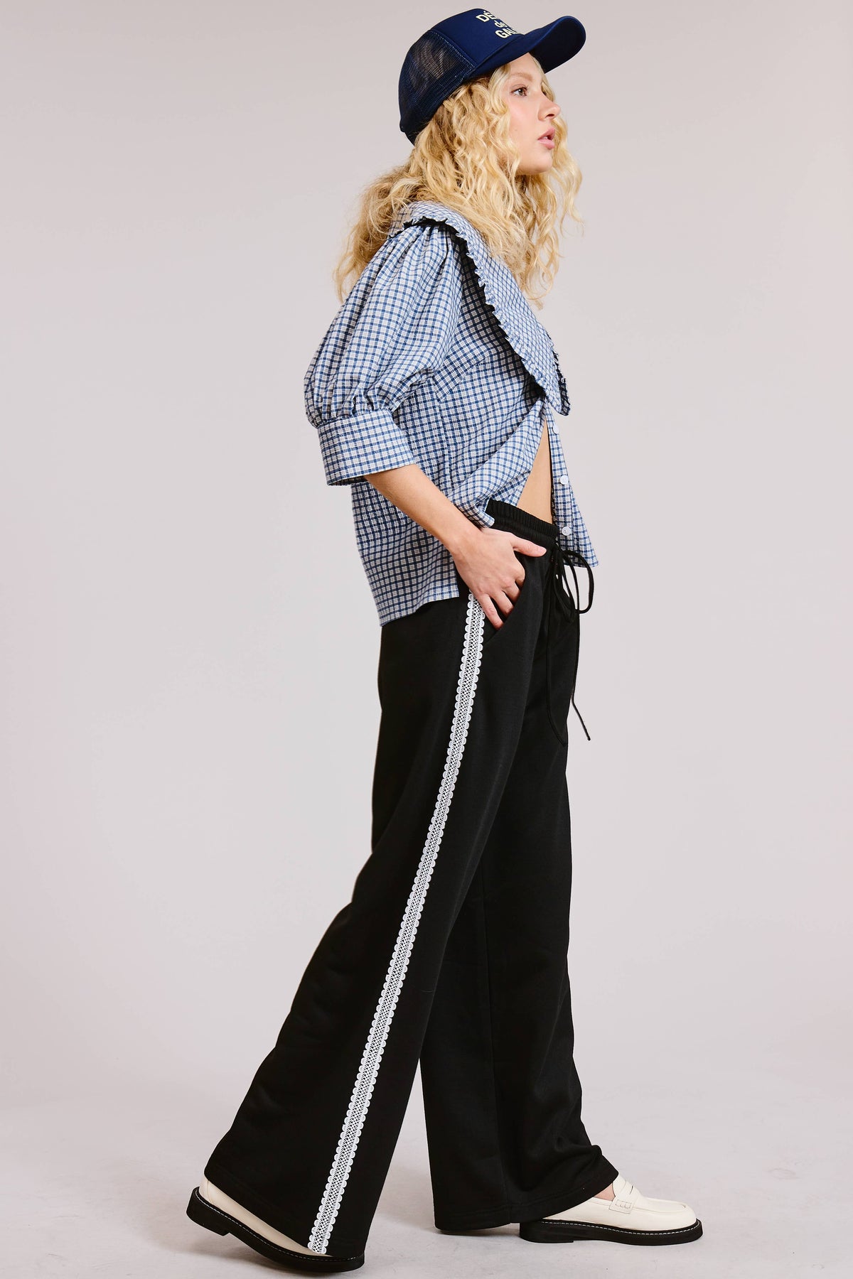 Lace Trim Wide Leg Track Pants with Drawstring Waist