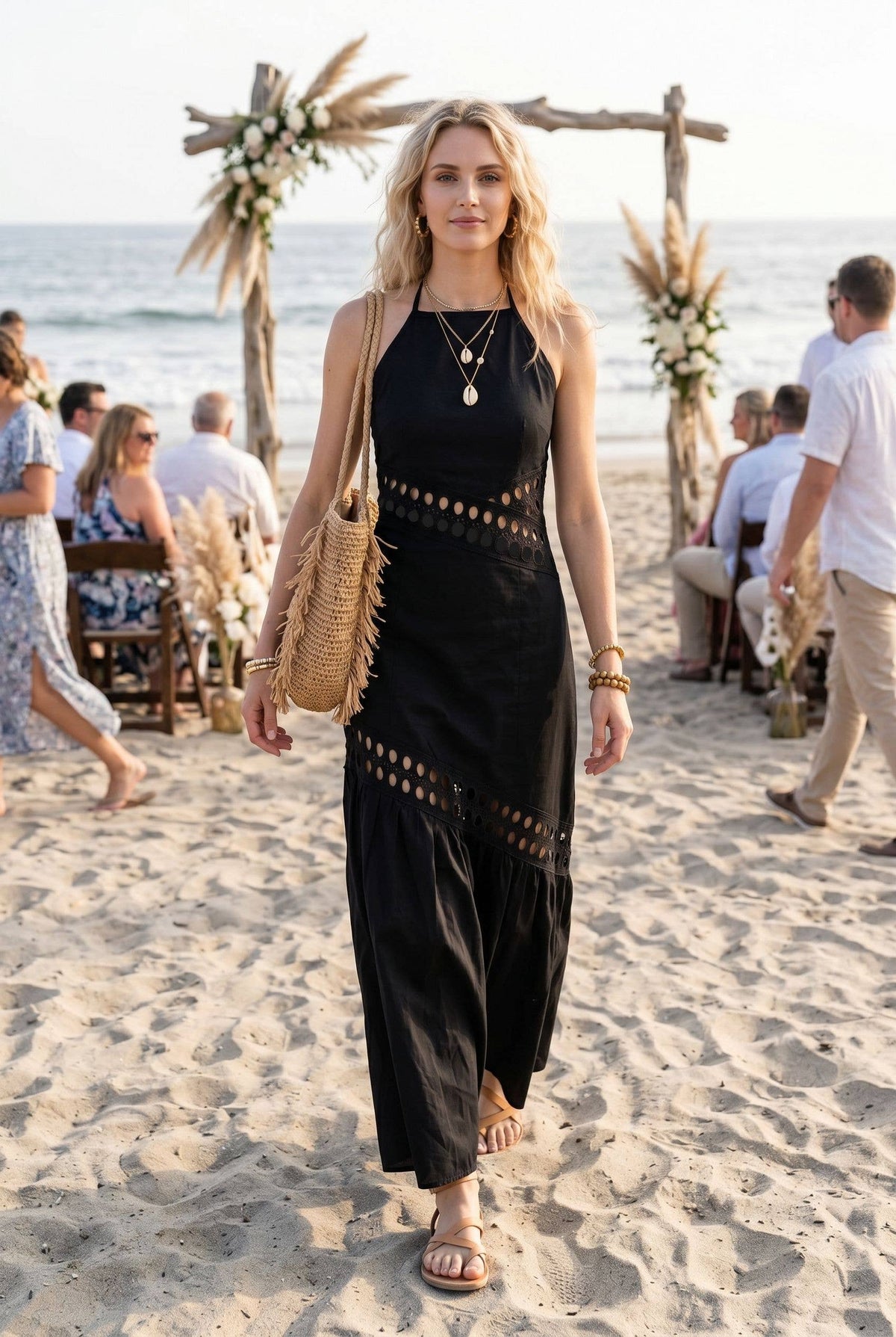Cutwork Lace Trimmed Maxi Dress W/Halter Neckline