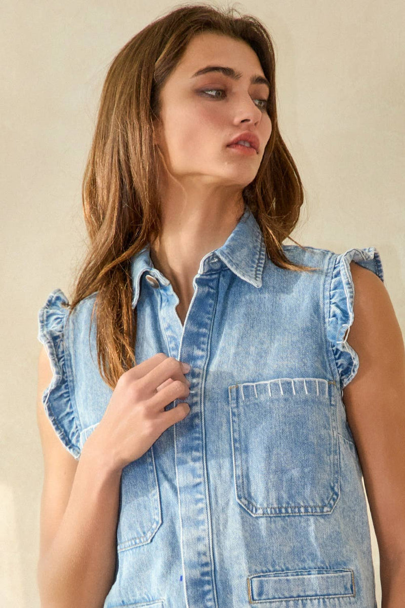 Ruffle-Adorned Denim Vest