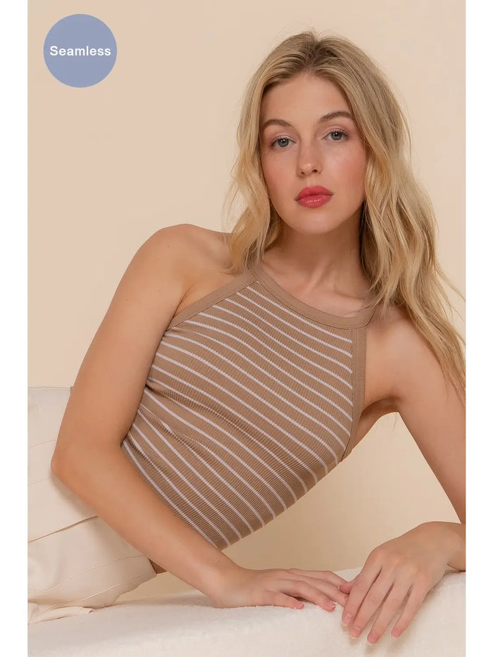 FITTED HALTER NECK STRIPE SEAMLESS RIB TOP