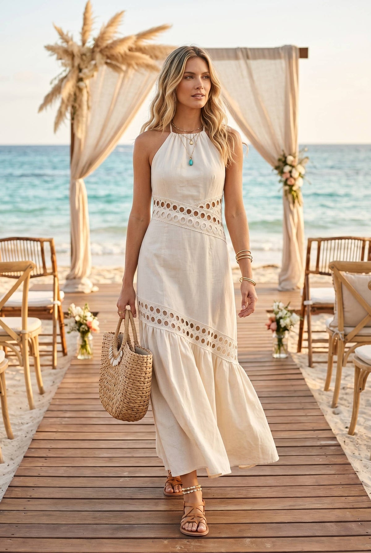 Cutwork Lace Trimmed Maxi Dress W/Halter Neckline