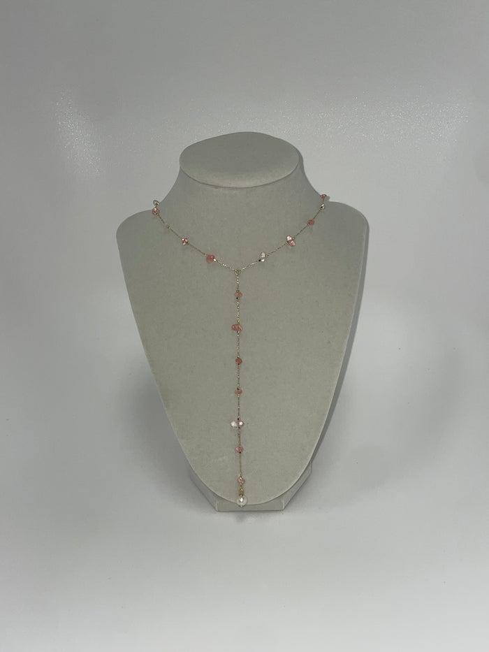 Gold Y-Necklace W/ Pink Gems & Pearl