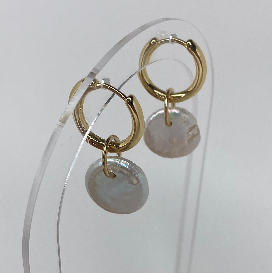 Medium Gold Hoop W/ Flat Pearl