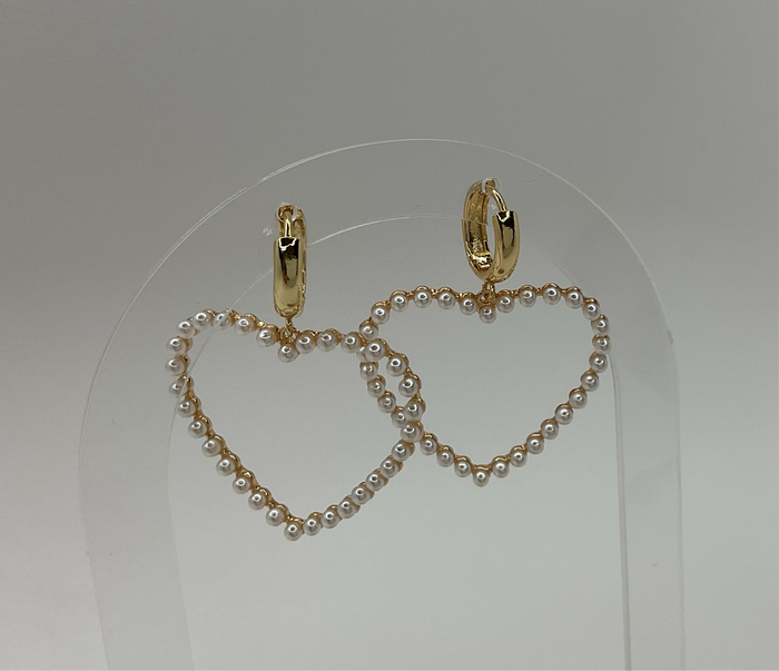 Mini Gold Hoops W/ Hanging Mini Pearls Big Heart