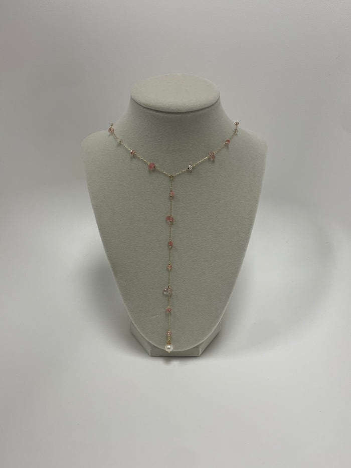 Gold Y-Necklace W/ Pink Gems & Pearl