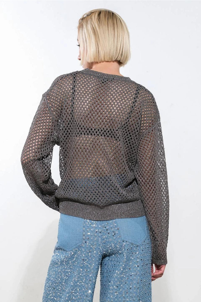 Silver Perforated Metallic Sweater