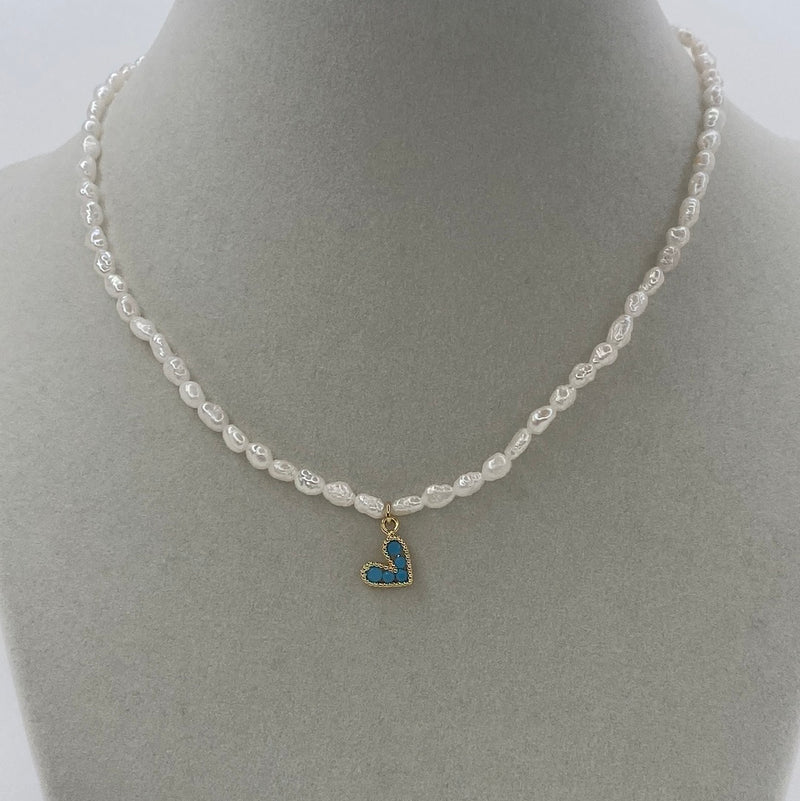 Pearl Stone W/ Small Gold Beads & Blue Heart Gem