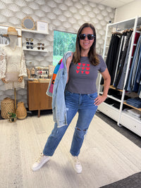 Short Sleeve Crew Neck Heart Printed Knit Tee