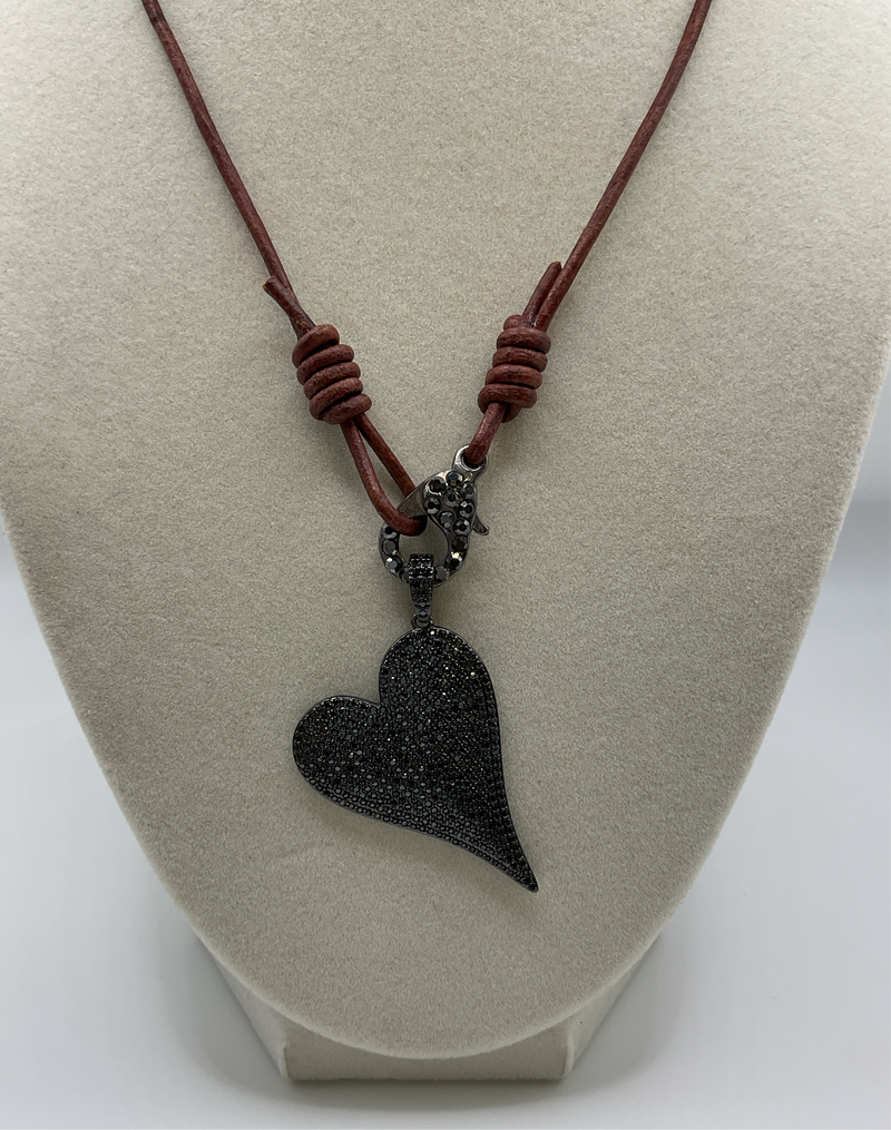 Twig Necklace W/ Silver Clasp & Charcoal Heart