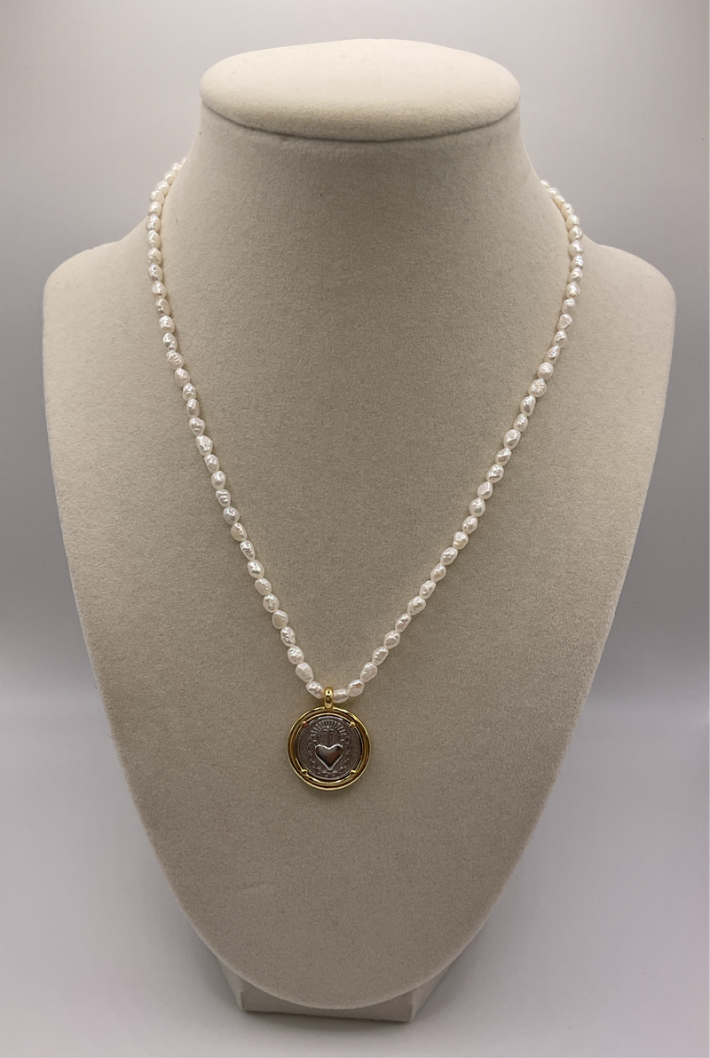 Pearl Stone Necklace W/ Jesús’s Heart Medal