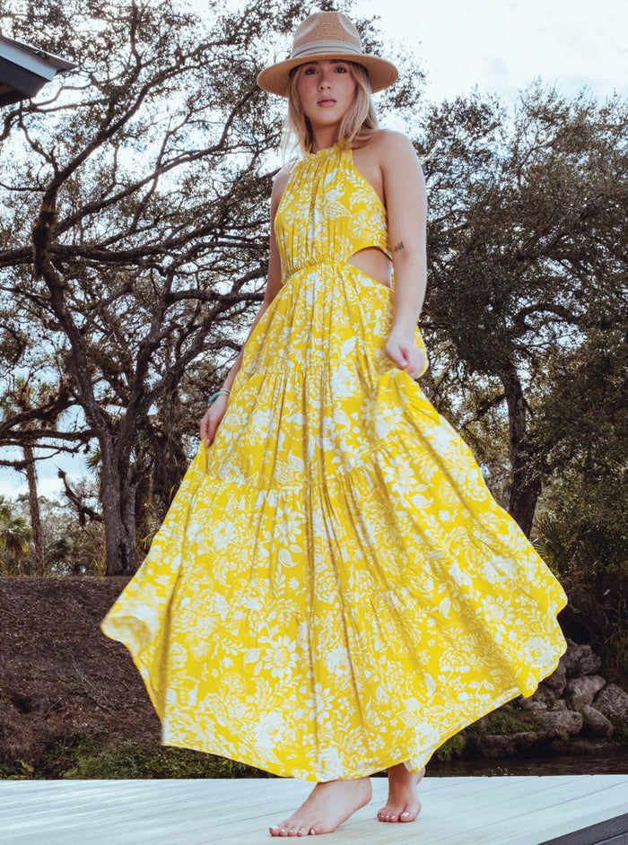 White & Yellow Halter Tie Back Maxi Dress