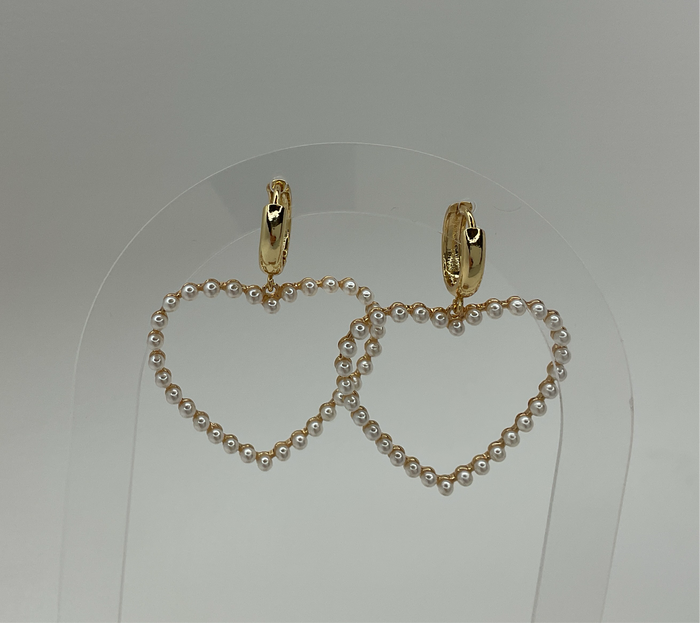 Mini Gold Hoops W/ Hanging Mini Pearls Big Heart