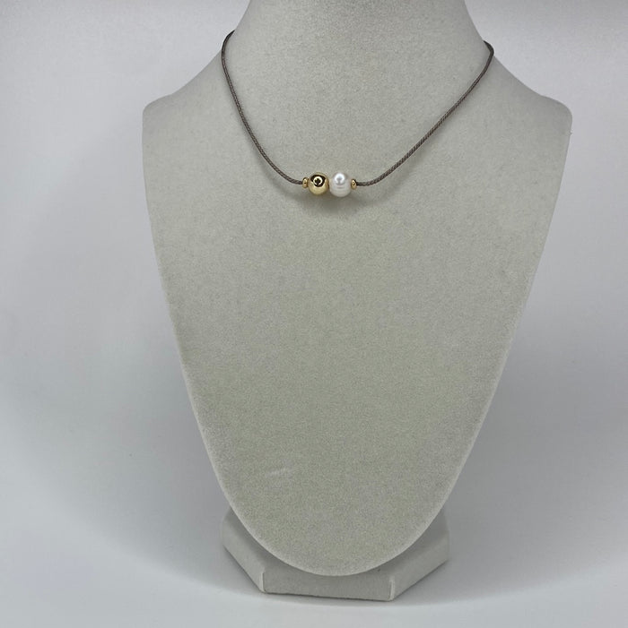 Gray Choker W/ Small Gold Bead & Pearl Necklace