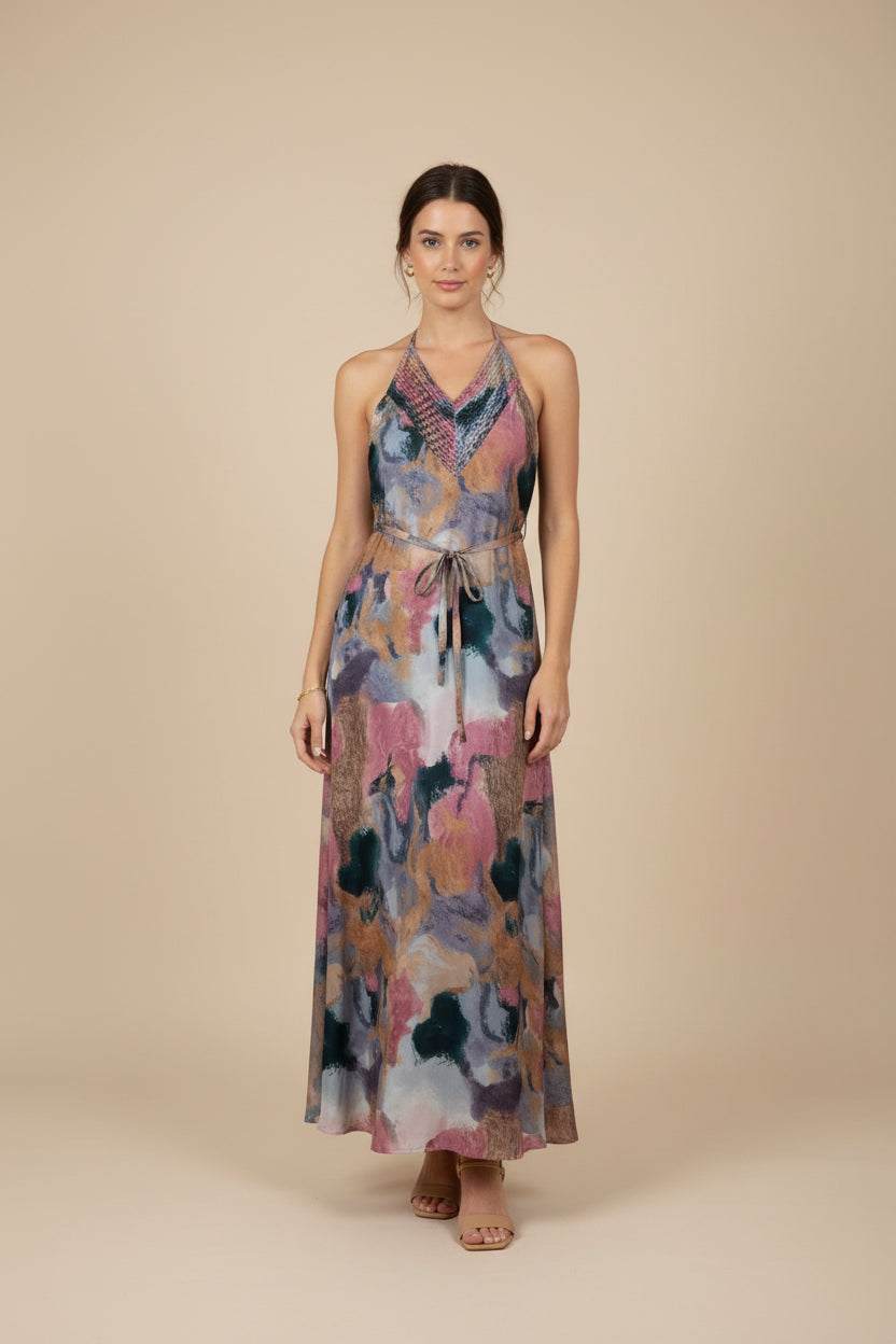 Abstract Print Satin Maxi Dress