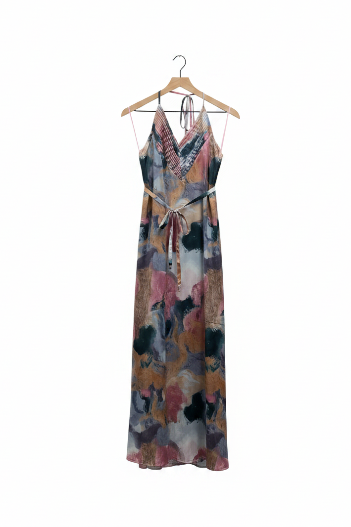 Abstract Print Satin Maxi Dress