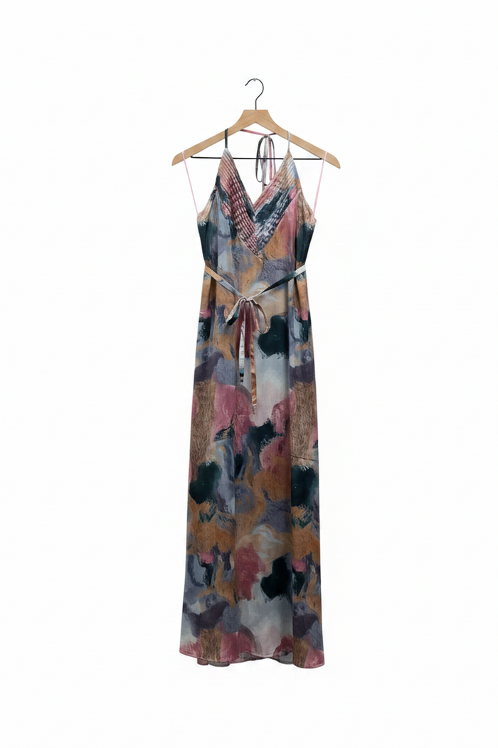 Abstract Print Satin Maxi Dress
