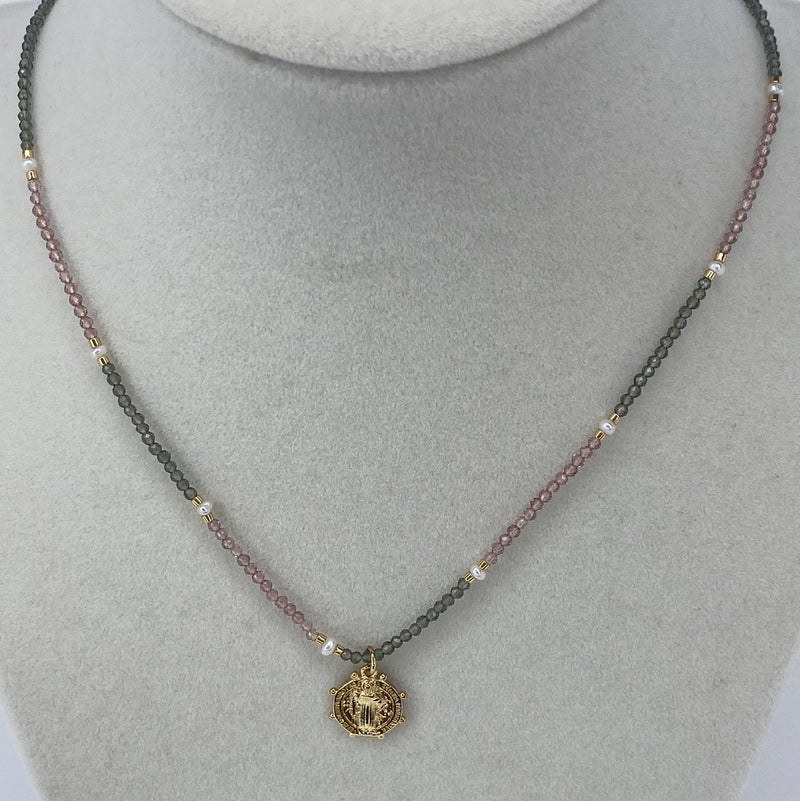 Gray & Purple Bead Necklace W/ Gold Disk