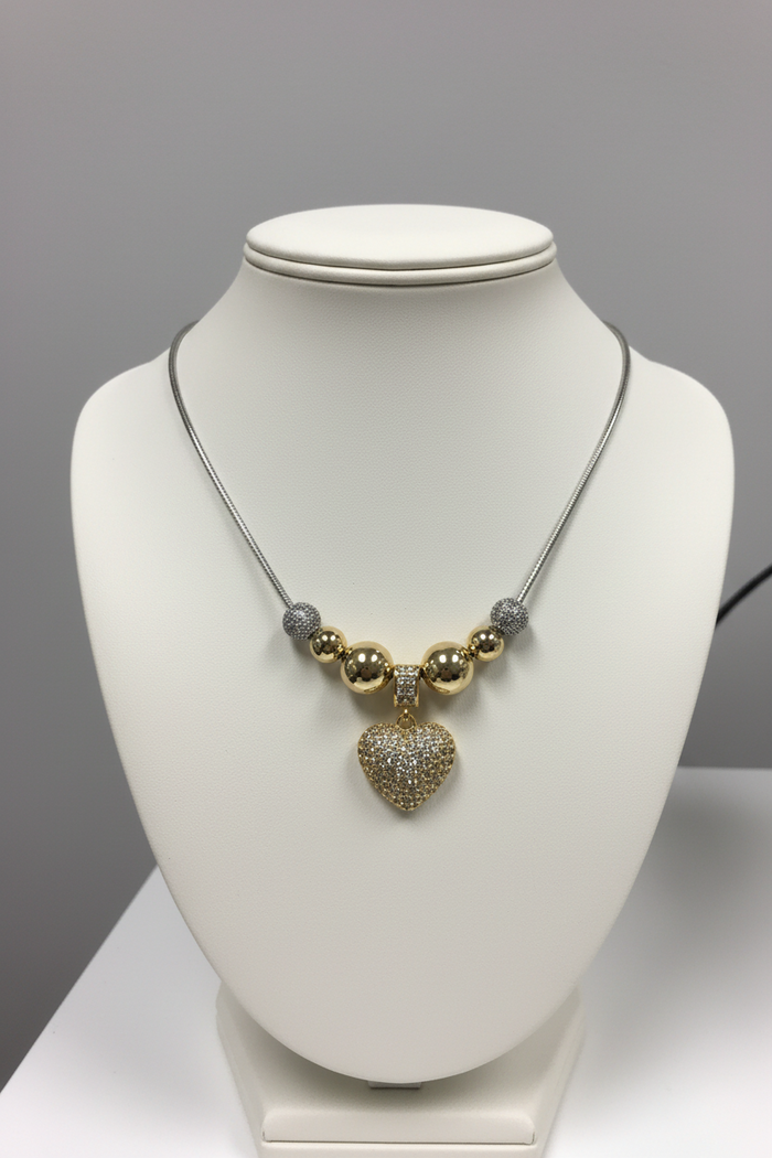 Brilliant Gold Heart W/Brilliant & Gold Round Balls Adjustable Necklace