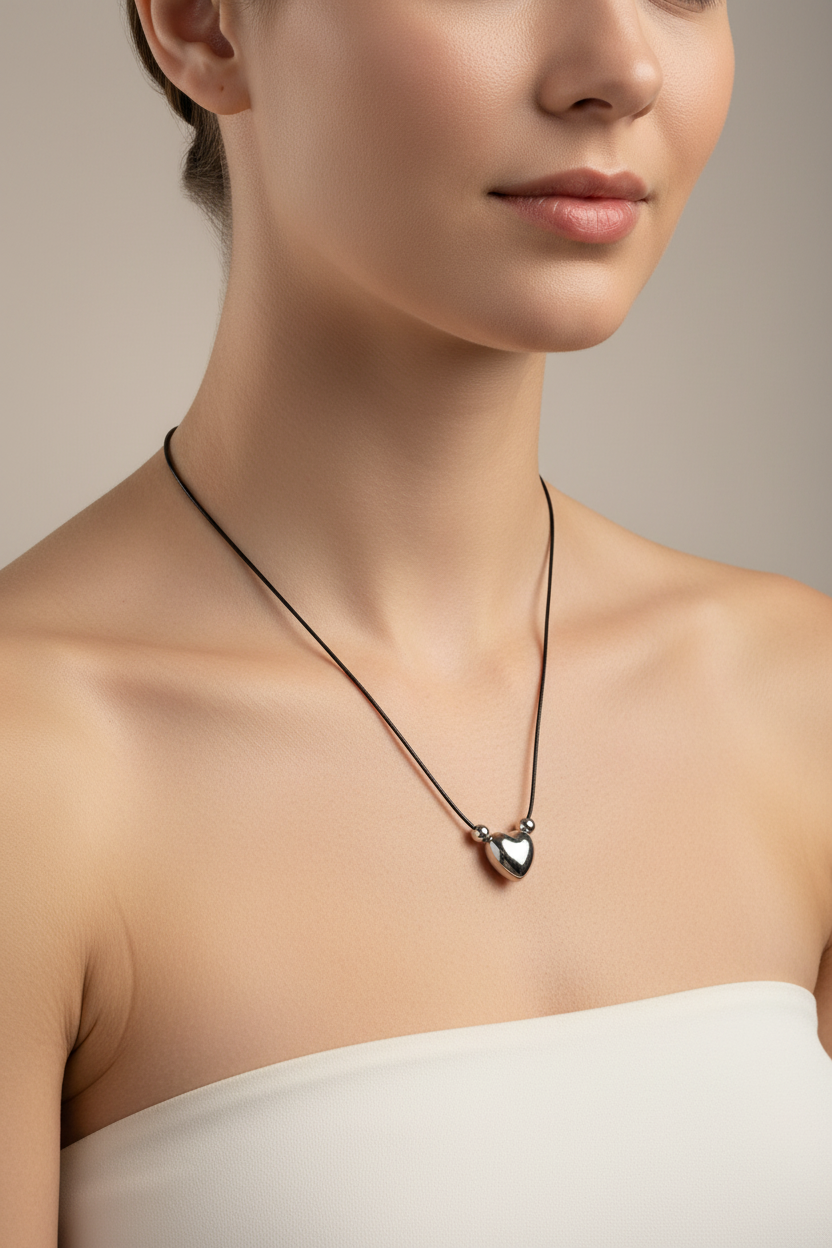 Adjustable Black Rope W/ Silver Heart