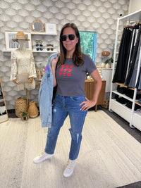 Short Sleeve Crew Neck Heart Printed Knit Tee