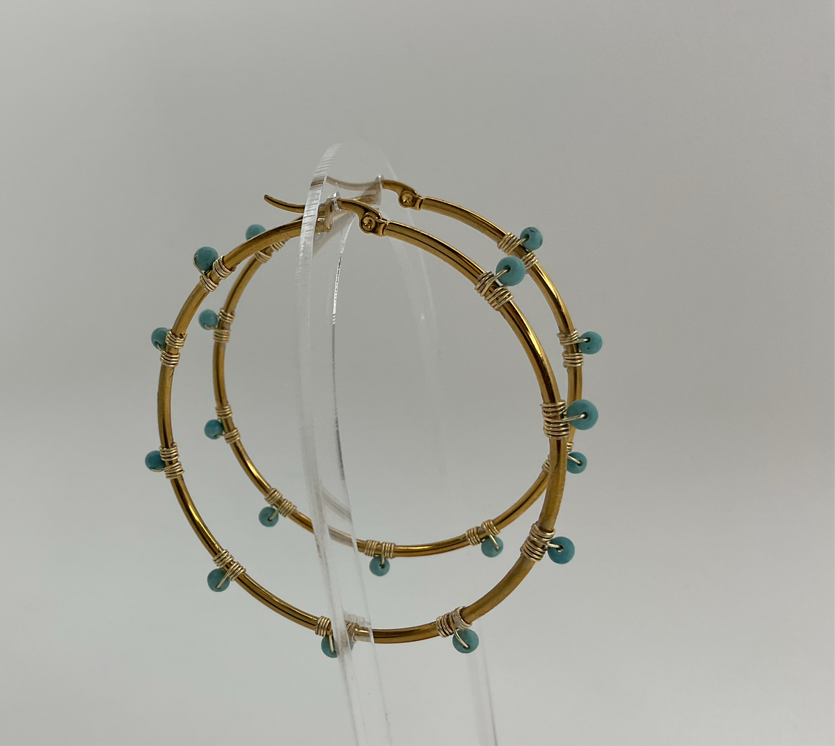 Large Gold Hoop W/ Blue Bead