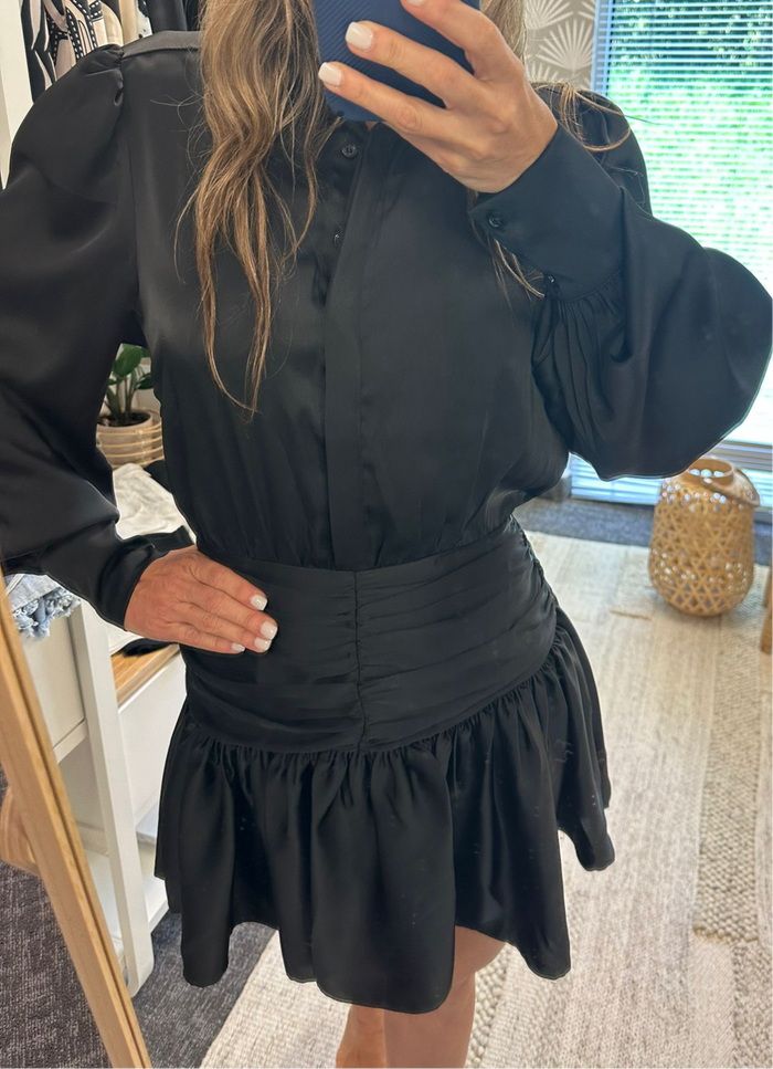 Black Satin Ruffle Hem Shirtdress